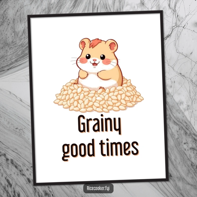Funny poster showcasing a happy hamster joyfully rolling in a vast quantity of fluffy rice grains, a delightful and amusing image.