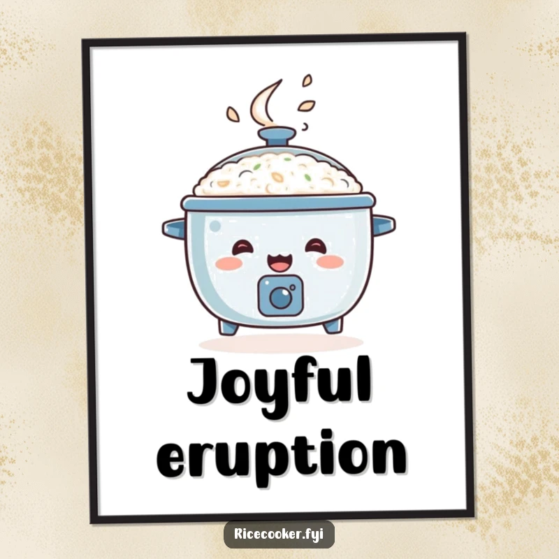 Funny rice cooker poster, happy appliance bouncing with steam erupting from its lid, energetic art.
