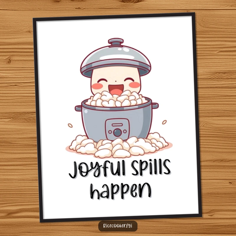 Funny poster of a delighted rice cooker joyfully spilling perfect fluffy rice, abundant and humorous wall art for a cheerful atmosphere.