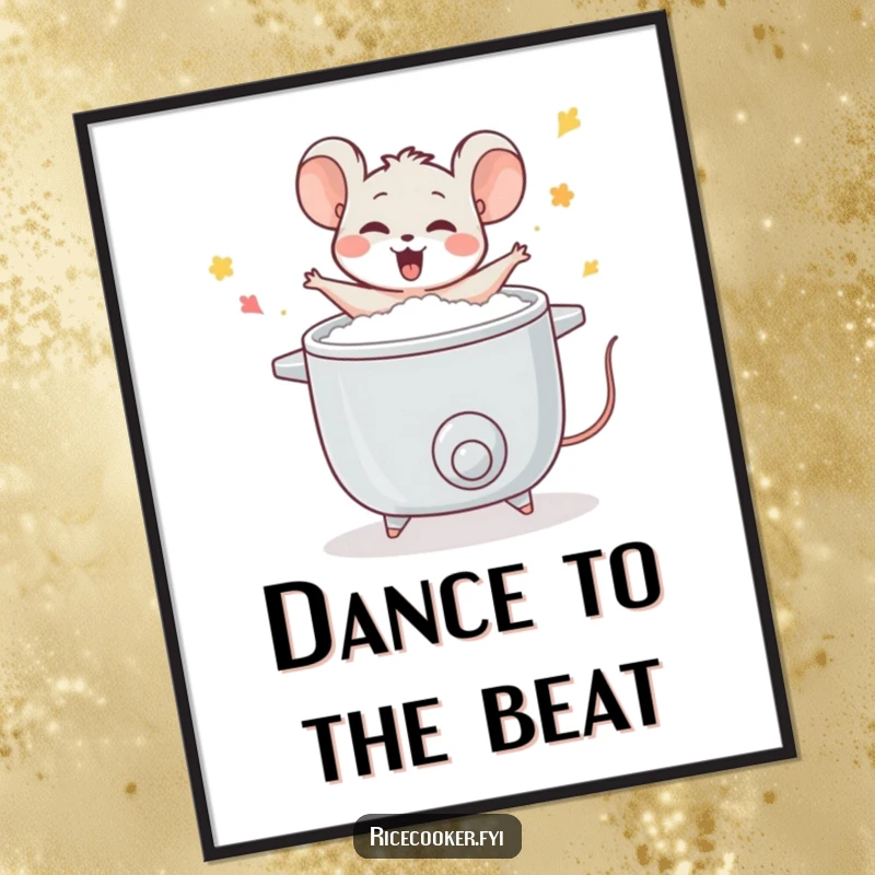 Funny mouse poster, dancing ecstatically around a bubbling rice cooker, celebrating delicious food preparation, vibrant kitchen-themed wall art.