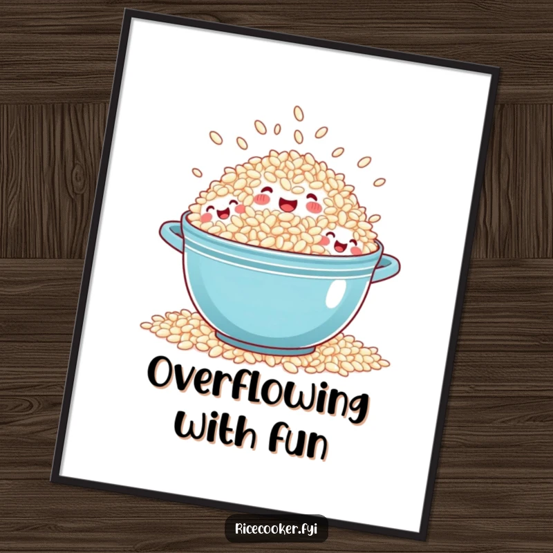 Funny overflowing rice poster illustration of a cheerful pot of rice with tiny, laughing grain faces overflowing, perfect kitchen decor.