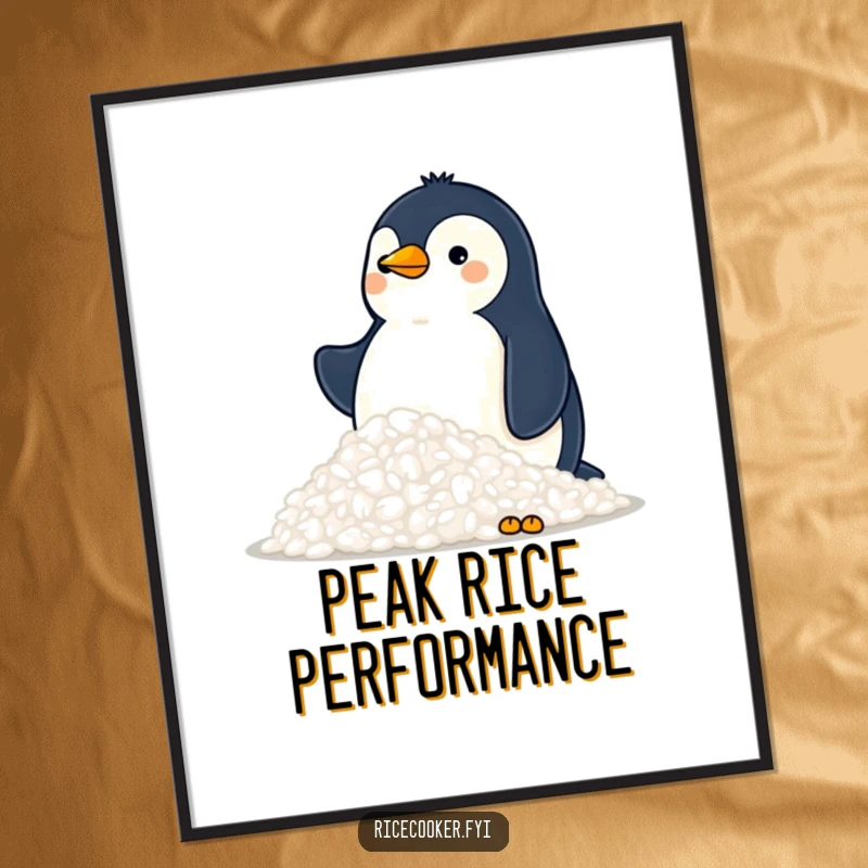 Funny poster of a proud penguin standing atop a mountain of fluffy rice, a humorous and inspiring piece of wall art.