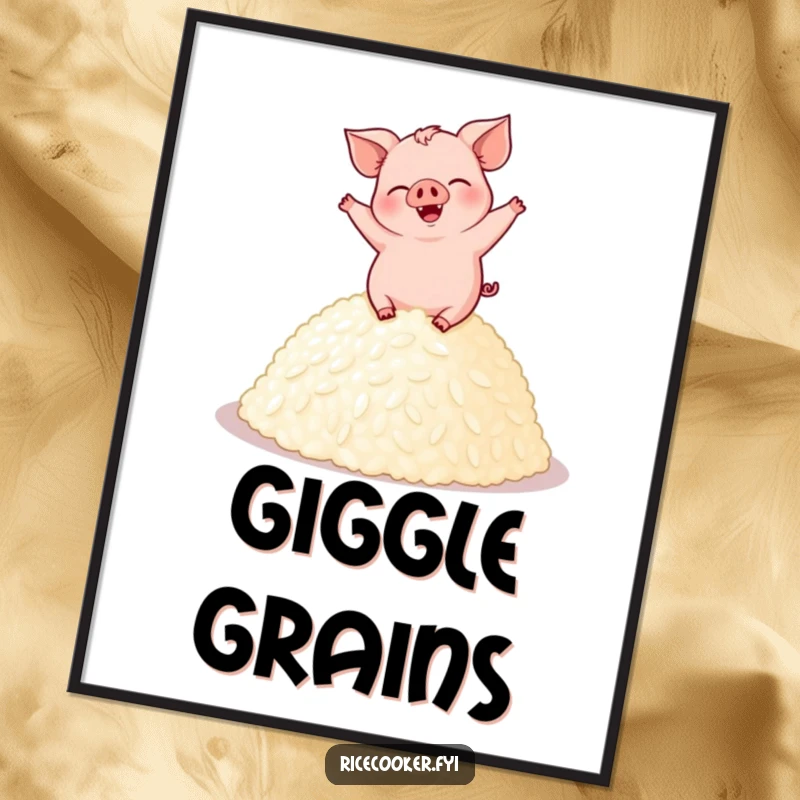 Funny pig poster featuring a giggling pig dancing on a mound of perfectly cooked rice, adding whimsical charm to decor.
