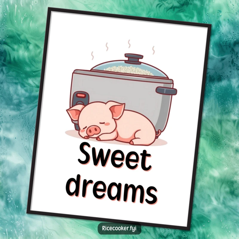 Funny piglet rice cooker poster art. A content piglet sleeps peacefully beside a gently humming rice cooker, radiating calm.