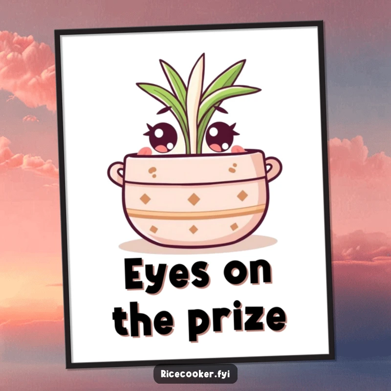 Funny poster art of a cute pot character with wide eyes, attentively watching a rice sprout, adding charming garden decor.