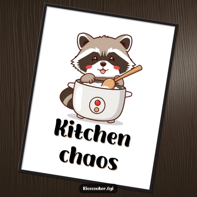 Funny poster showing a sneaky raccoon tapping a rice cooker with a wooden spoon, embodying kitchen stealth and humor.