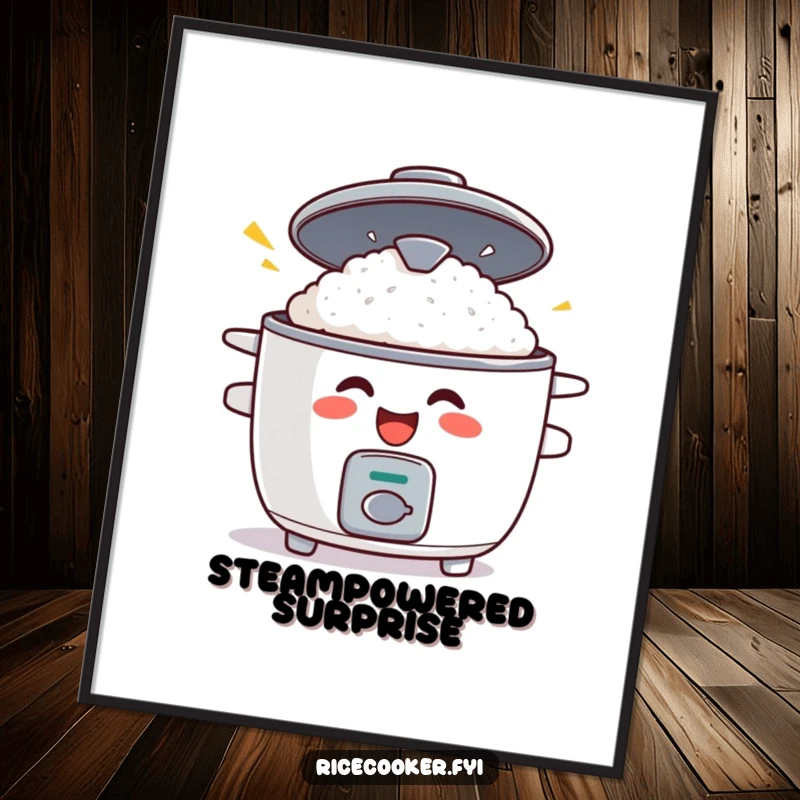 Funny poster art of a grinning rice cooker with its lid popping open in surprise, adding humorous kitchen decor.