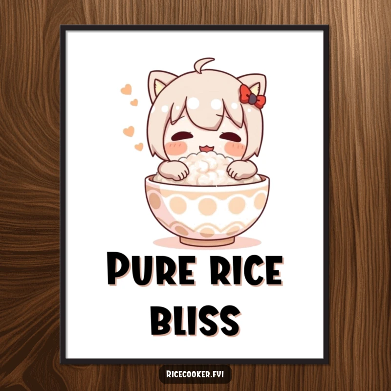 Funny poster art of a character joyfully hugging a steaming bowl of rice, conveying delightful comfort and a love for food.