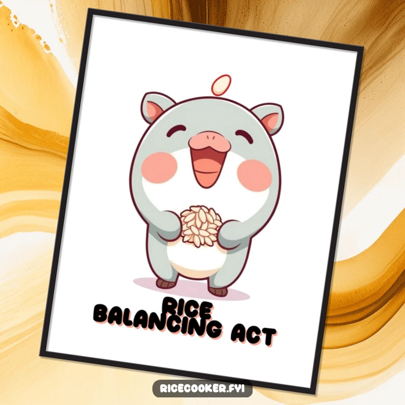 Funny Poster print of a grinning character skillfully bouncing a grain of rice on its spout, a humorous and artistic statement piece.