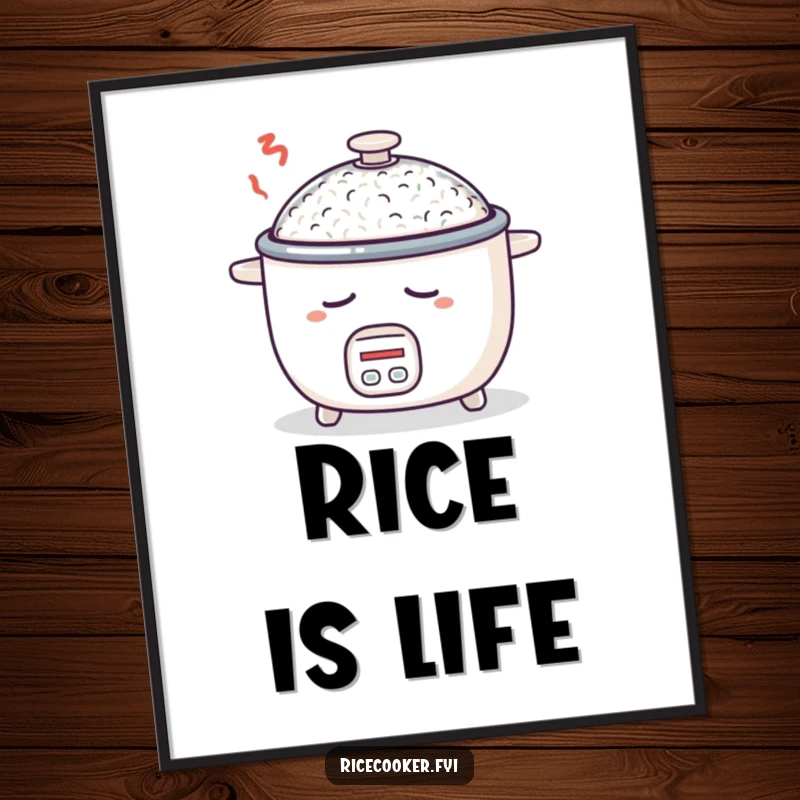 Funny poster of a sleepy rice cooker with its lid ajar, dreaming of rice, whimsical wall art for kitchens or dorms.