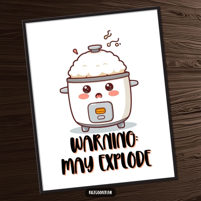 Funny surprised rice cooker poster with smoke puffing out, a humorous piece of kitchen-themed wall art.