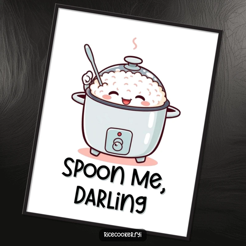 Funny poster print of a rice cooker enthusiastically waving a tiny spoon.