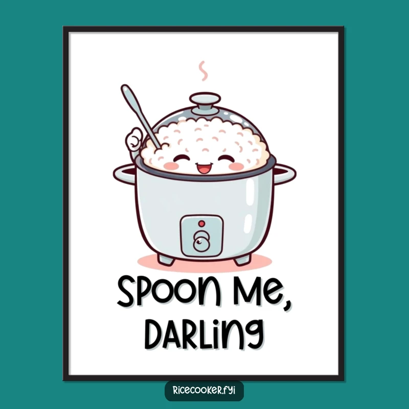 Funny Waving Rice Cooker Poster, Enthusiastic Spoon Wall Art, Humorous Kitchen Decor