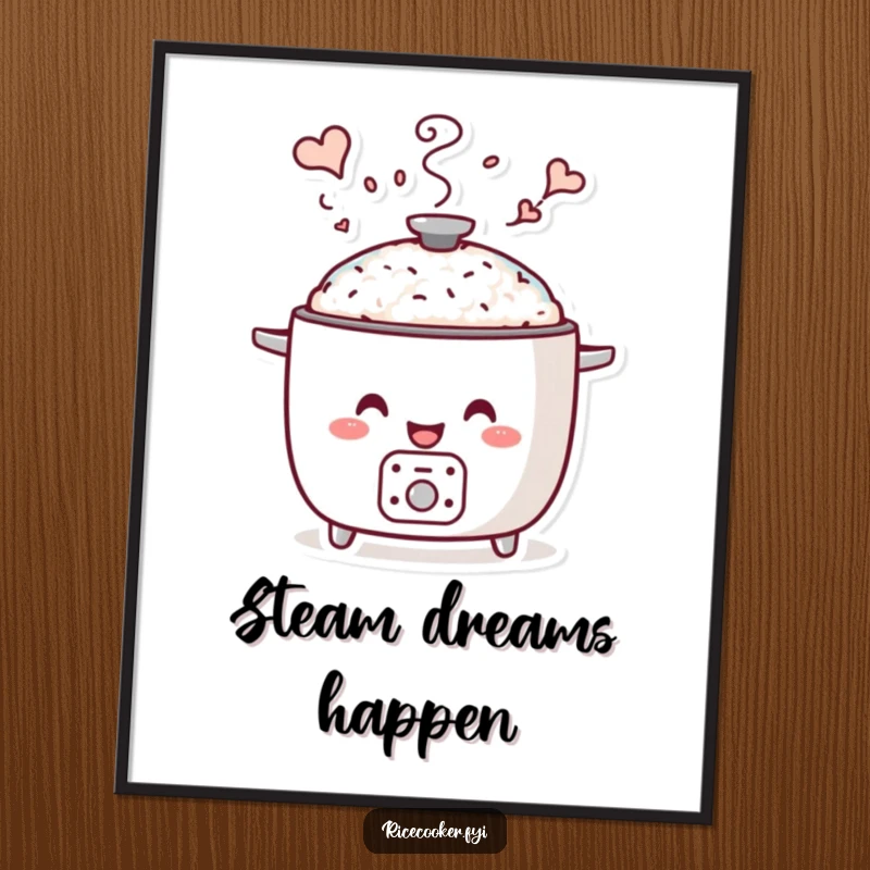 Funny whimsical steam poster featuring a smiling rice cooker with steam artfully forming enchanting and playful shapes, perfect decor.
