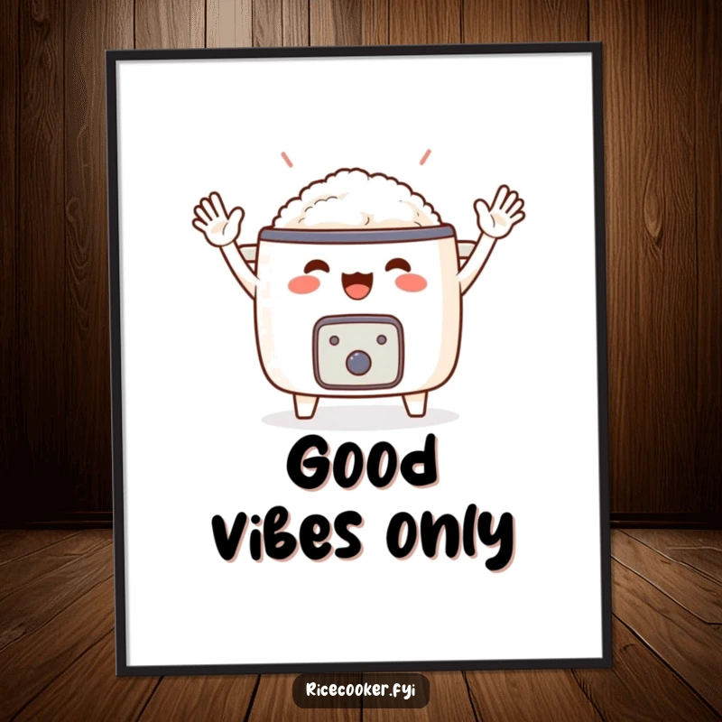 Funny poster art displaying an ecstatic rice cooker with its small arms raised in a cheerful wave. Ideal funny gift for home decor.