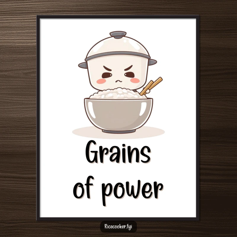 Funny poster of a determined rice cooker intensely stirring a giant bowl of rice, inspiring motivational wall art.