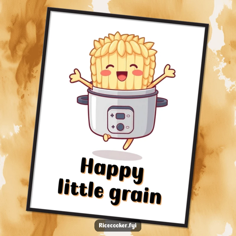 Funny poster art of a delighted rice grain character joyfully jumping out of a rice cooker, adding a happy vibe.