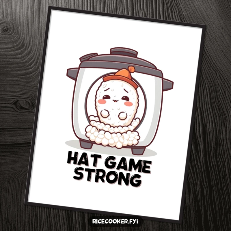 Funny confused rice grain poster of a small grain with a tiny hat rolling out of a rice cooker, looking lost and curious.