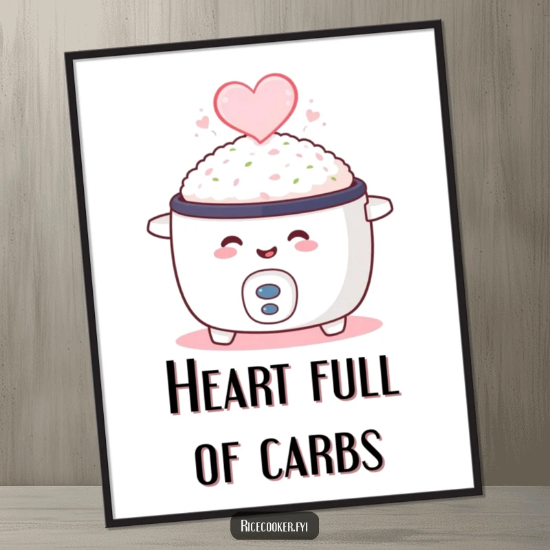 Funny poster featuring a smiling rice cooker with heart-shaped steam, a humorous and heartwarming piece of kitchen wall art.