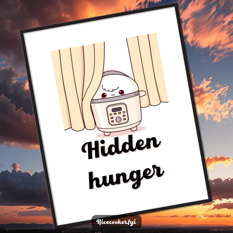 Funny rice cooker poster, appliance peeking from behind a curtain with a mischievous expression.