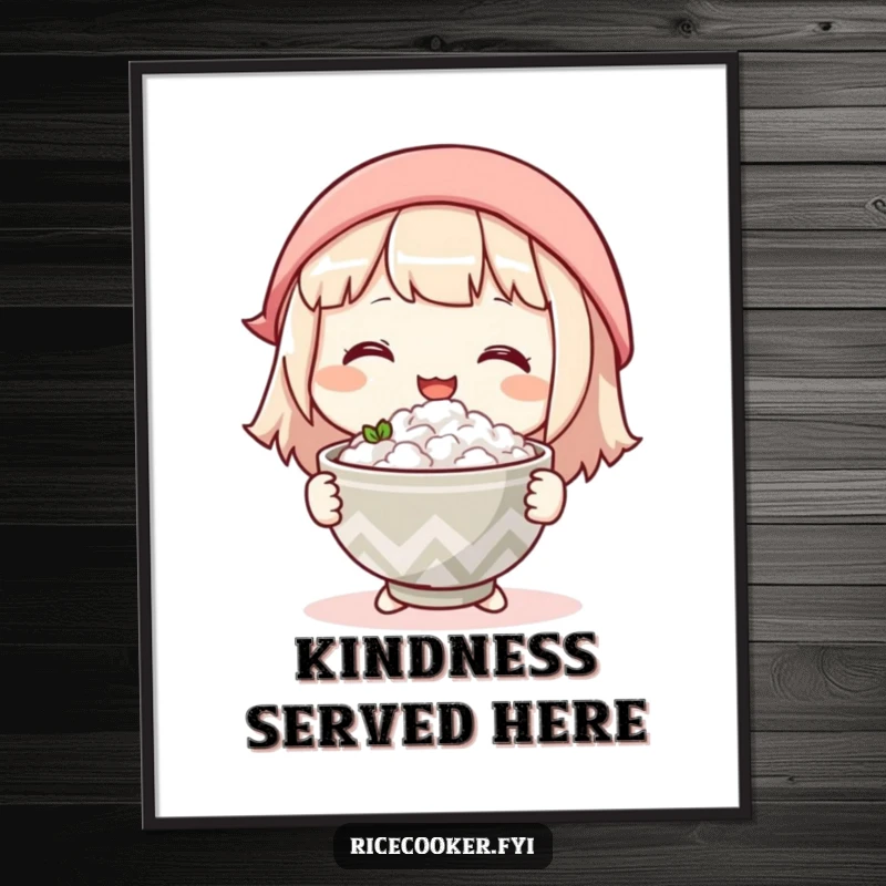 Funny poster art of a character gently offering a warm bowl of rice with a kind smile, conveying hospitality and comfort.