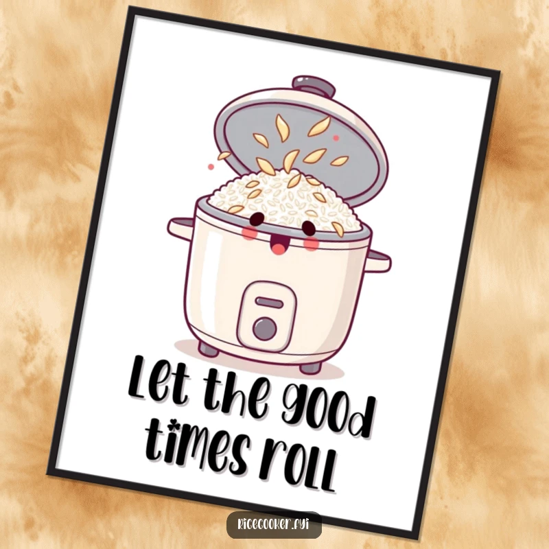Funny poster of a surprised rice cooker with its lid popped open, revealing dancing rice grains, a humorous kitchen art piece.