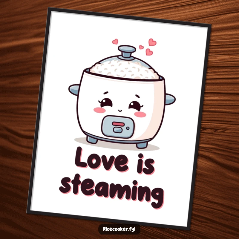 Funny rice cooker poster with a happy appliance and heart-shaped steam, adding a touch of cute art.