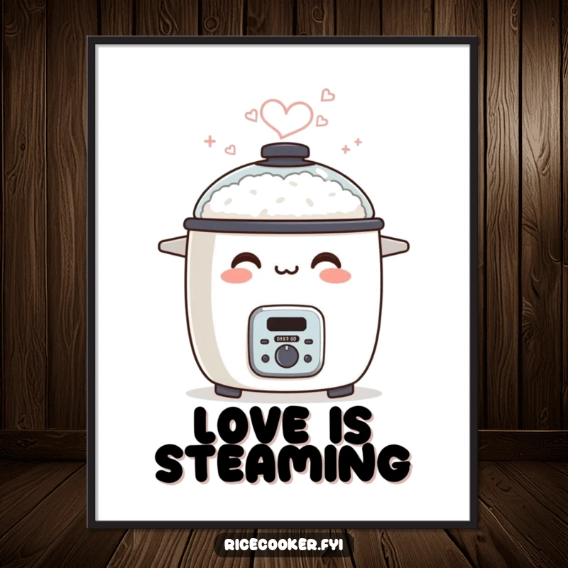 Funny poster print of a broadly smiling rice cooker with steam artfully forming a heart.