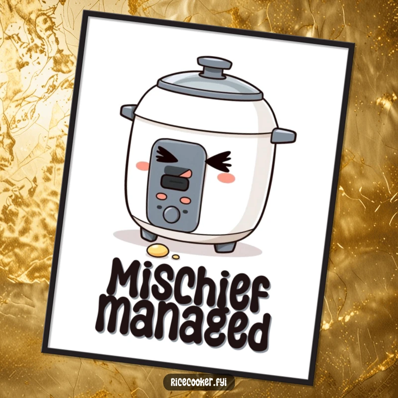 Funny poster art of a mischievous rice cooker giving a sly wink, a grain of rice nearby. Ideal funny gift for a humorous home.