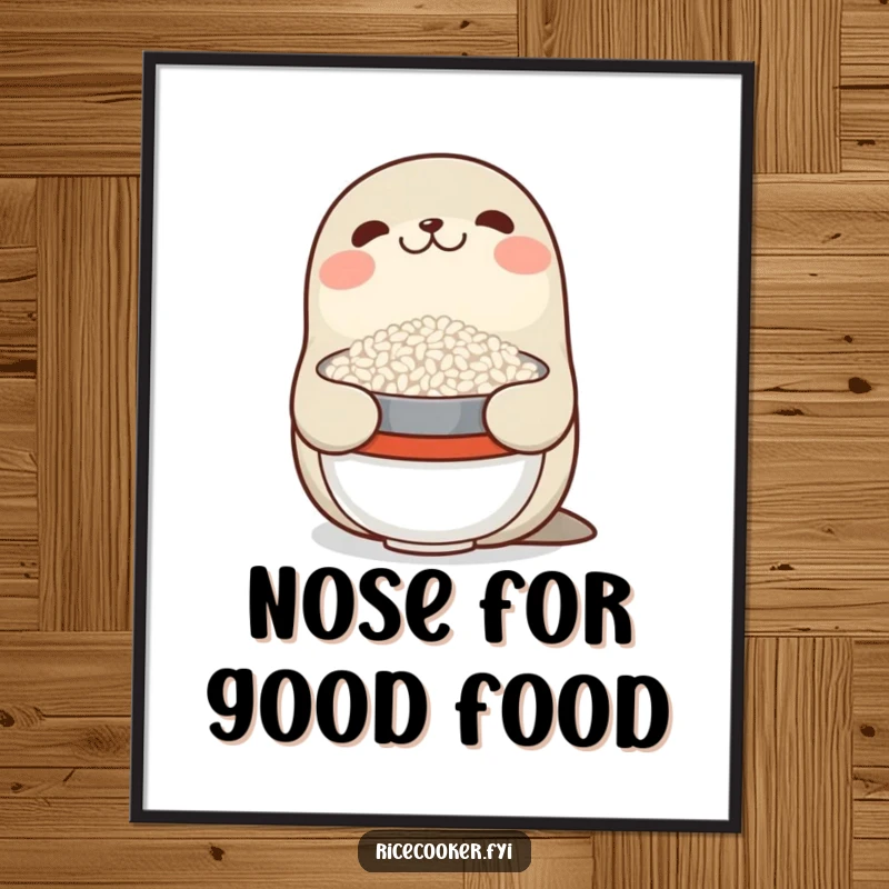 Funny poster of a smiling seal balancing a bowl of rice on its nose, a delightful and humorous wall decoration.