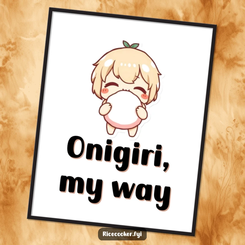 Funny poster art of a character winking with a rice ball, radiating playful charm and a love for tasty snacks.