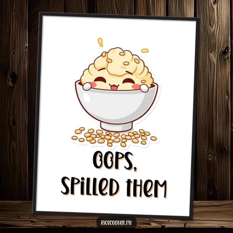 Funny poster featuring a mischievous bowl character playfully spilling uncooked grains, adding a touch of lighthearted kitchen art.
