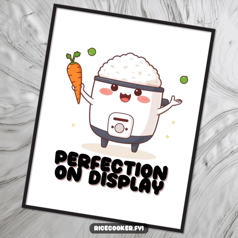 Funny poster of a happy rice cooker skillfully juggling a carrot and a pea, a humorous and artistic kitchen wall decoration.