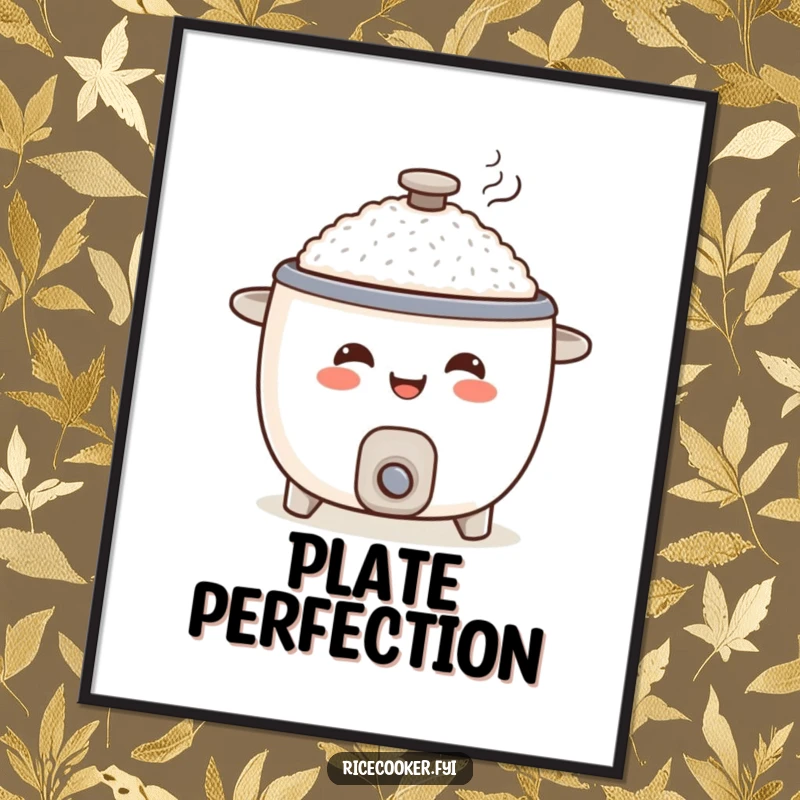 Funny rice cooker poster, smiling appliance character happily serving a steaming portion, kitchen art.