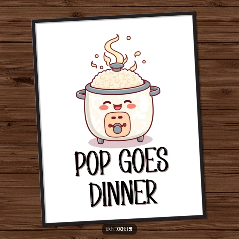 Funny rice cooker poster, round character joyfully popping open, swirling steam, kitchen decor art.