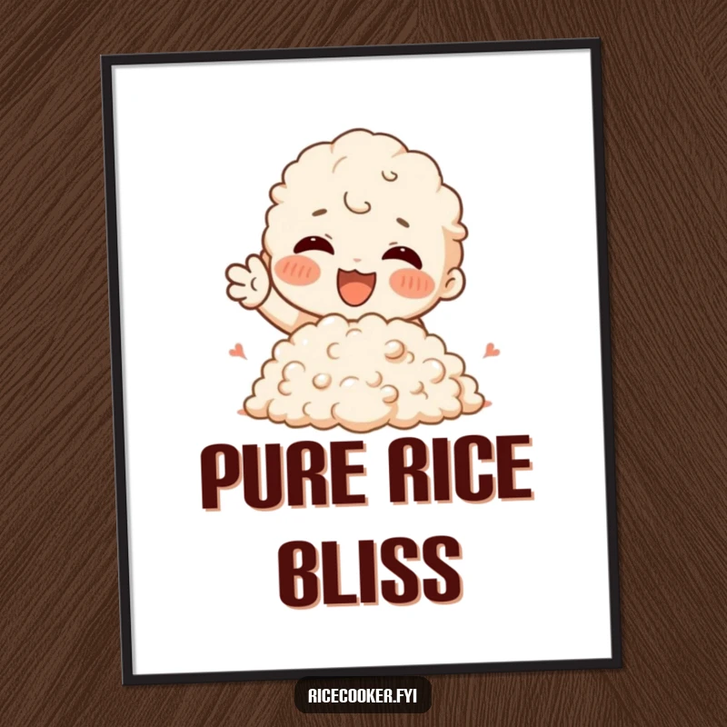 Funny Poster print of a character joyfully gesturing with excitement towards a fluffy mound of rice, a celebration of food.