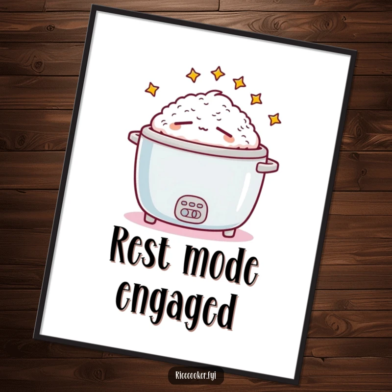 Funny sleepy rice cooker art print with stars, illustrating a restful appliance, bringing a comedic and calming presence to any room.