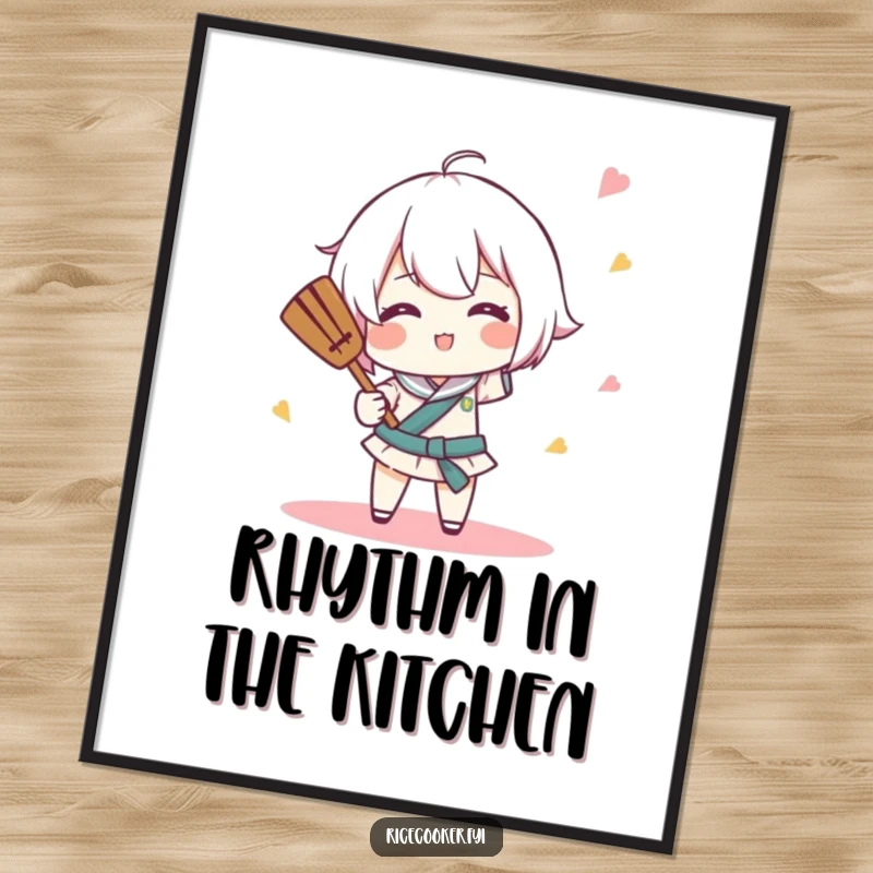 Funny poster of a character comically spinning a rice paddle like a tiny baton, ideal for whimsical kitchen wall art.