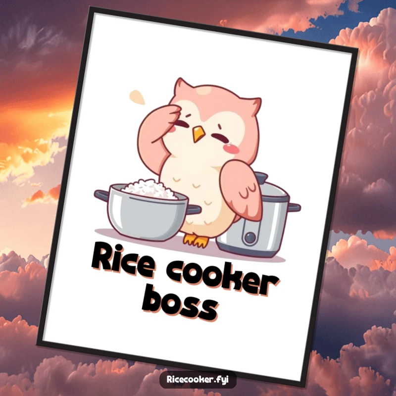 Funny owl poster showing a stressed owl with sweat drops next to a rice cooker, a humorous piece of kitchen-themed art.