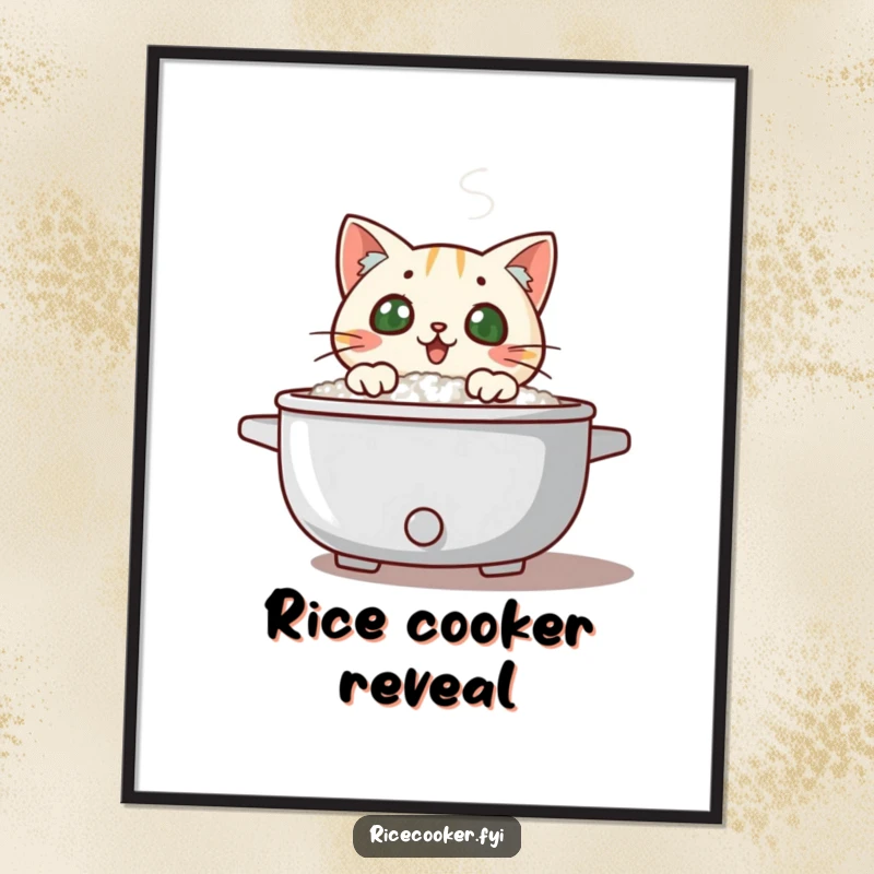 Funny surprised cat peeking over a steaming rice cooker lid, steam swirling, humorous kitchen wall art.