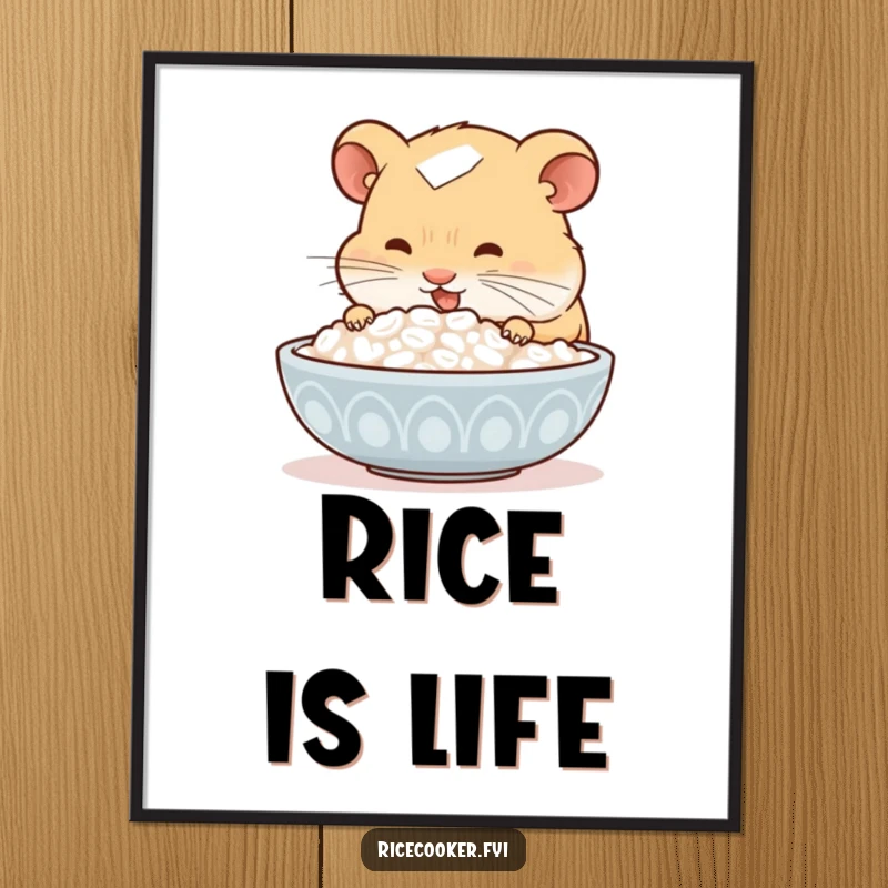 Funny hamster poster, eagerly sniffing a bowl of hot rice, conveying pure delight and food appreciation, charming culinary-themed art.