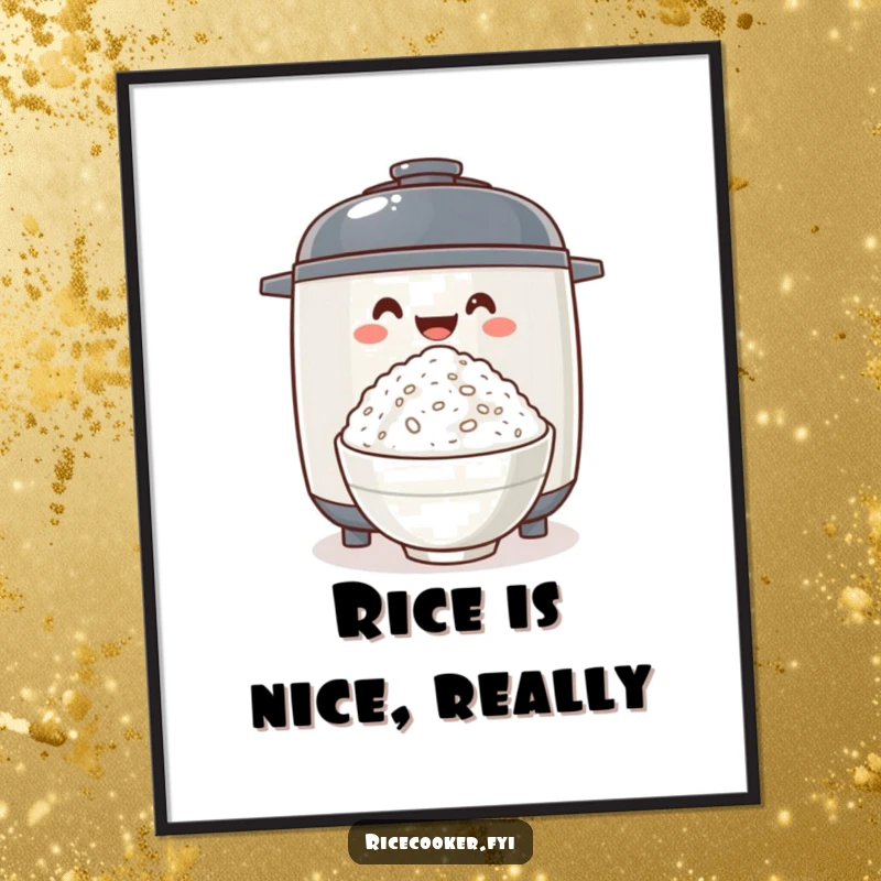 Funny rice cooker excitedly offering a bowl of fluffy rice, a vibrant poster celebrating culinary joy and the delicious simplicity of rice.