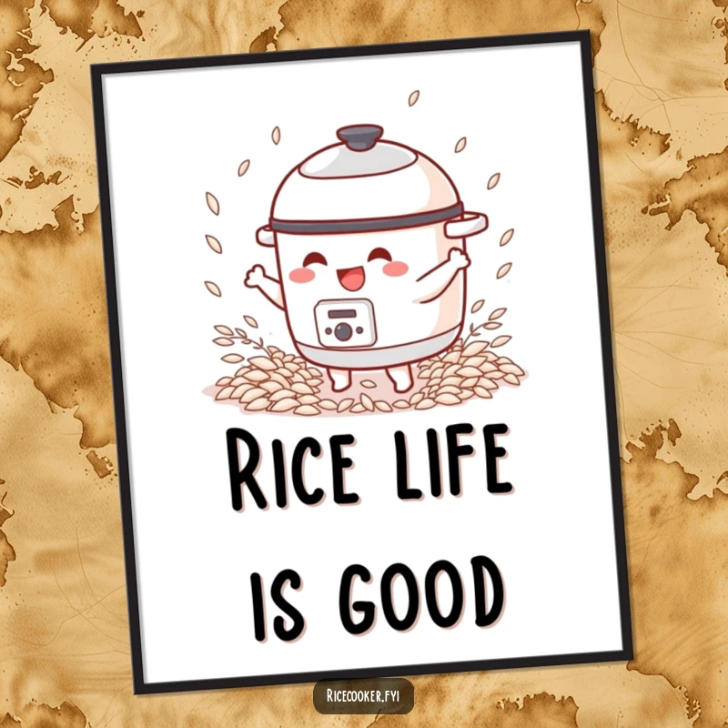 Funny poster print of a joyful rice cooker character dancing enthusiastically, surrounded by stylized rice grains.