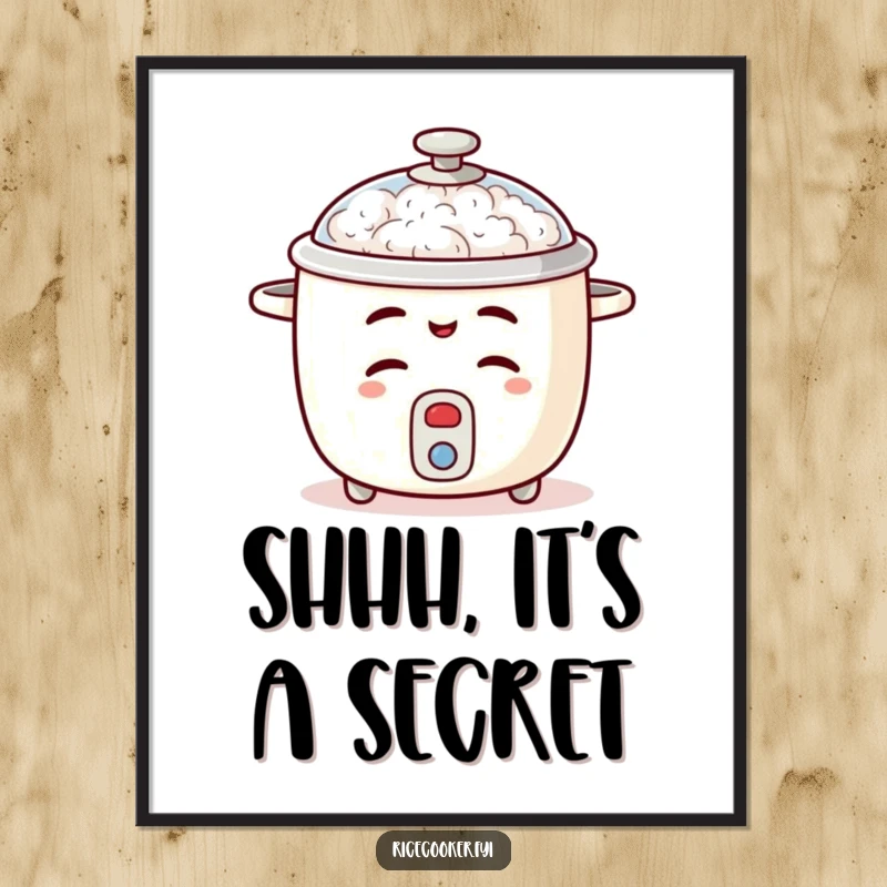 Funny rice cooker poster featuring a mischievous wink and a lid slightly ajar, adding playful art.