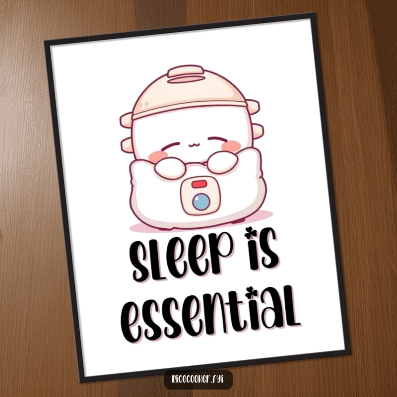 Funny rice cooker poster showing a sleepy appliance in a pillow, bringing peaceful and cozy vibes.