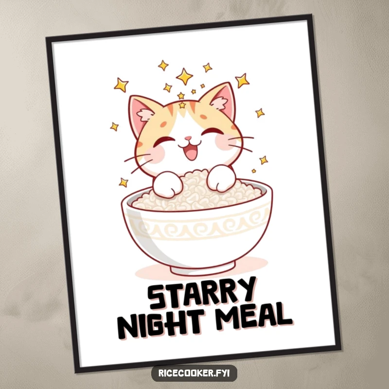 Funny poster featuring a delighted cat sprinkling glowing stars onto a bowl of freshly cooked rice, creating a celestial masterpiece.