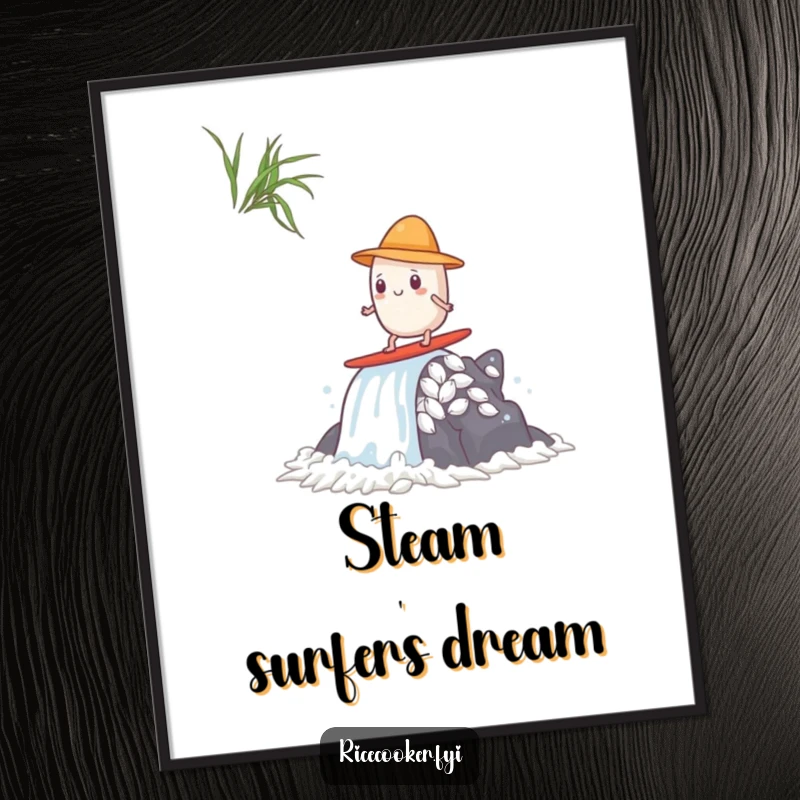 Funny poster capturing a rice grain in a tiny hat, skillfully surfing a dramatic waterfall of steam with anime flair.