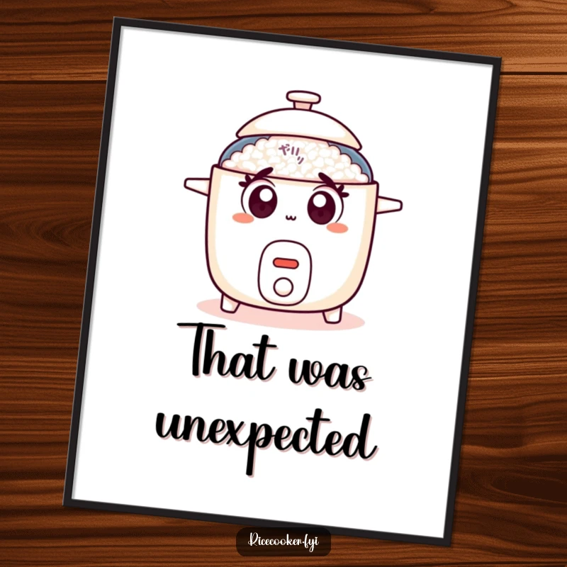 Funny rice cooker poster featuring a shocked appliance with wide eyes and a popping lid, adding humor to walls.