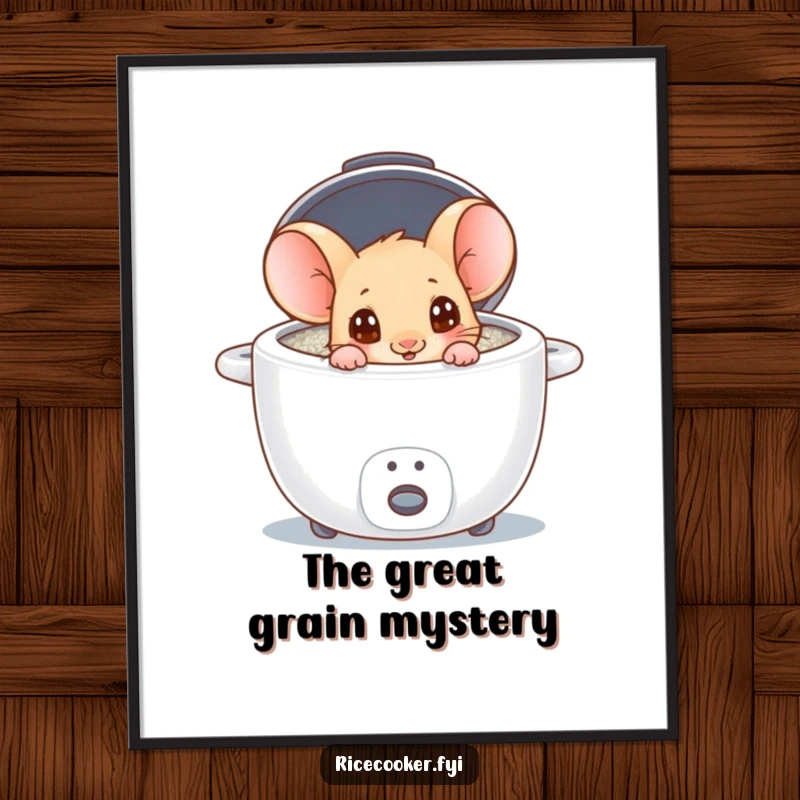 Funny mouse peeking into a rice cooker with wide, wondering eyes, presented as charming wall art, adds humor.