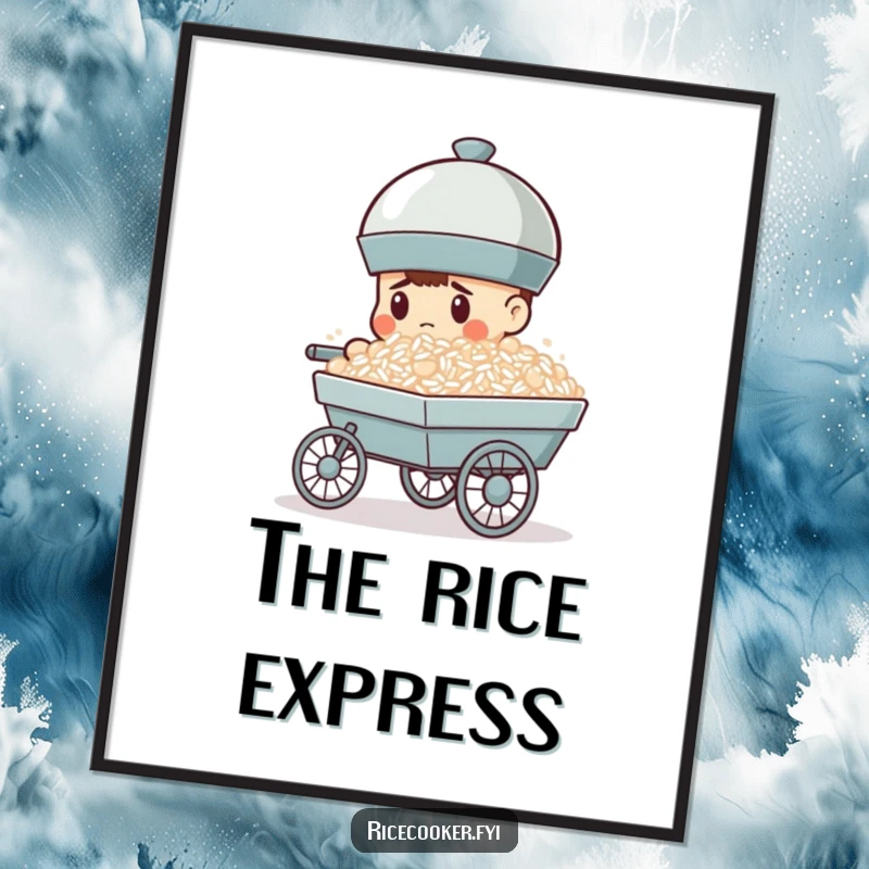 Funny poster art of a focused rice cooker pushing a cart piled high with rice, embodying drive and ambition on your wall.